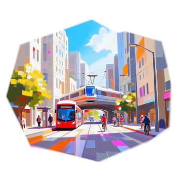 A bustling cityscape filled with various types of transportation systems. The foreground features a bright red bus stopped at a bus stop, with passengers waiting nearby. In the midground, a sleek, modern train glides along elevated tracks, the train's vibrant colors standing out against the skyline. Surrounding these elements, tall buildings with large windows reflect the activity below. On the streets, there are cyclists on bicycles and cars in motion, adding to the dynamic atmosphere of the city. The sky above is a clear blue, creating a lively backdrop for the urban scene.