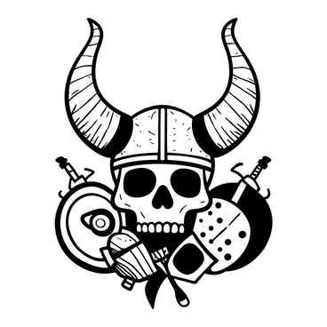 A detailed depiction of a "skull" adorned with a "horned Viking helmet." The helmet features two prominent horns curving outward. The skull has intricate engravings and textures, emphasizing its bony structure. The background contains elements reminiscent of Viking culture, like shields and weapons positioned around the skull, enhancing the overall theme.