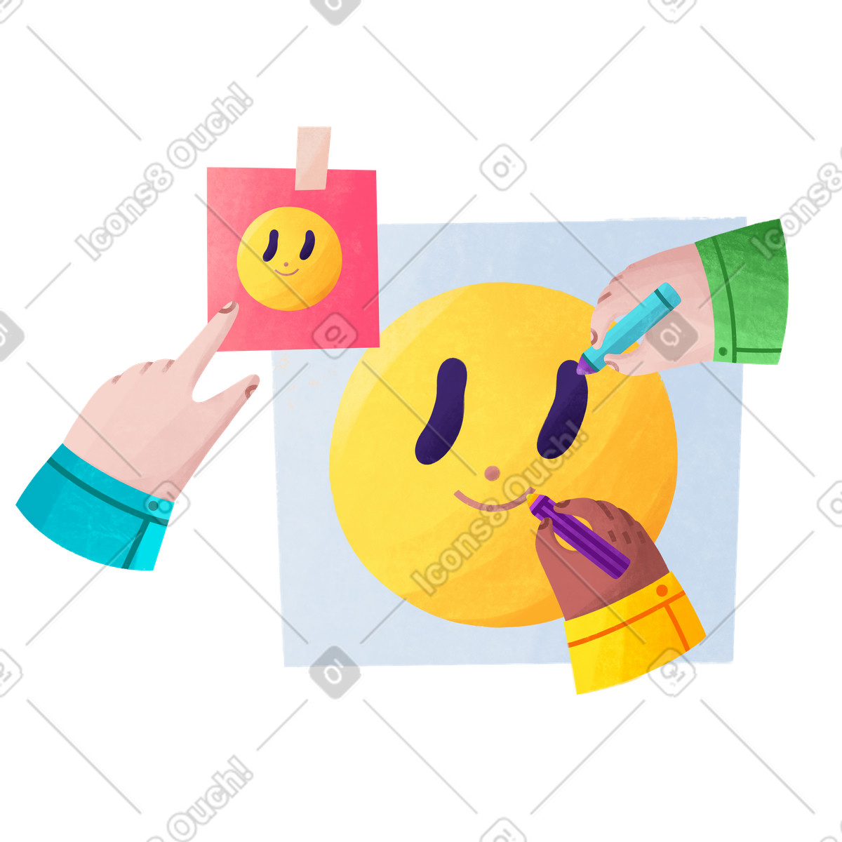 Team zeichnet gemeinsam lächelndes gesicht-Illustration im Bonbon-Stil als Download in PNG, SVG