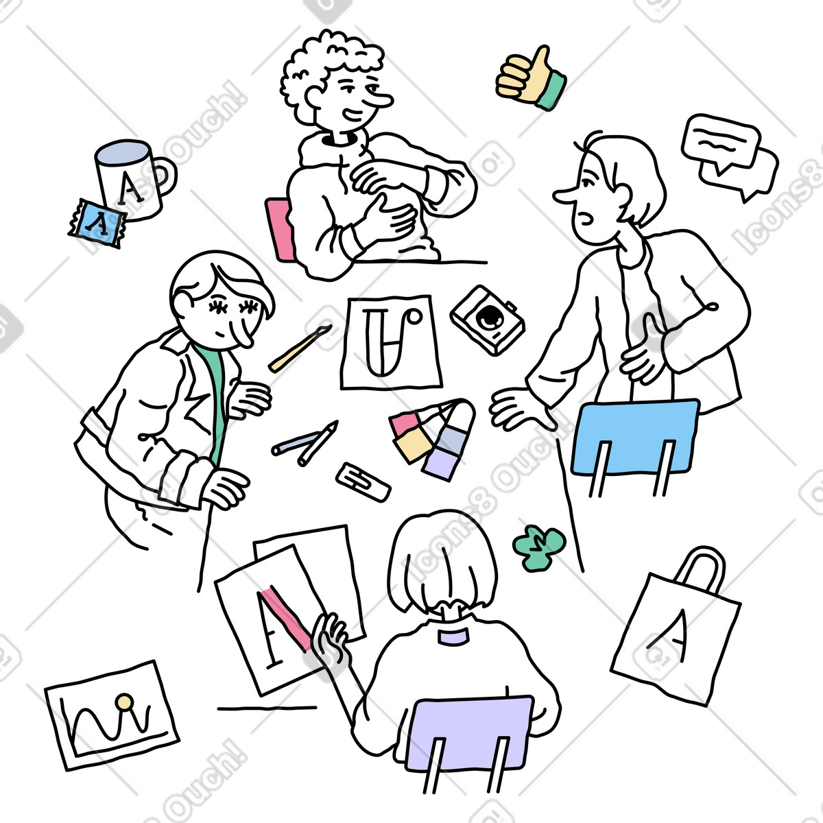 Ilustración Grupo de diseñadores creando un logo. en estilo Notes a descargar en PNG y SVG
