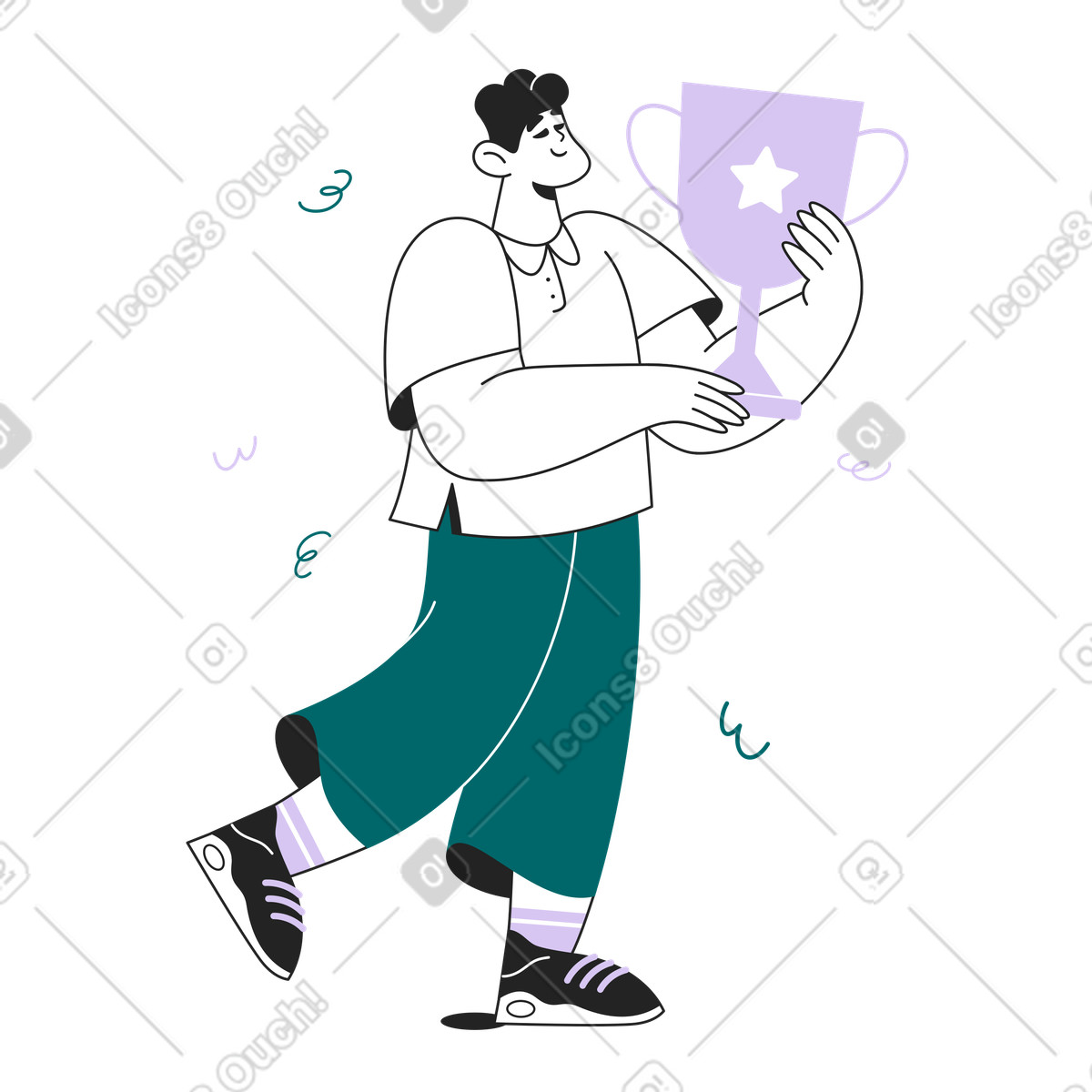 Winner carrying trophy, Achievement celebration and reward illustration in Sammy Line style download in PNG, SVG