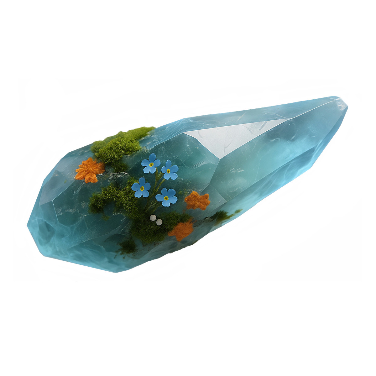 Blue quartz crystal with tiny flowers and moss, Whimsical nature concept illustrazione in stile Biomorphic scarica in PNG, SVG