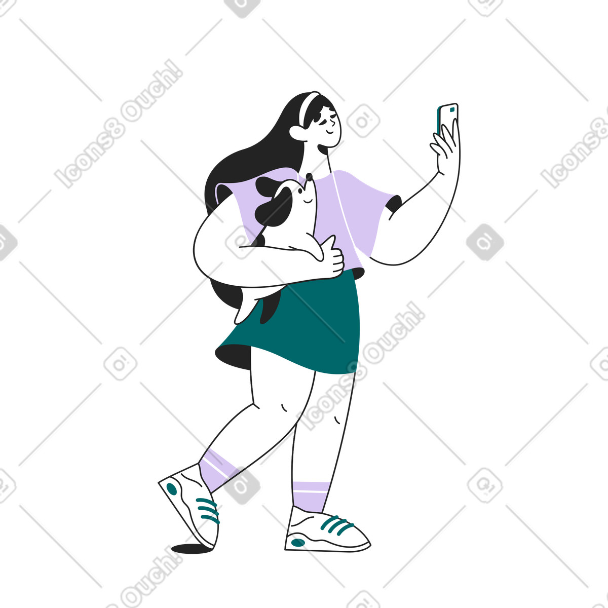 Casual stroll with dog while taking selfies, Lifestyle mobile photography illustration in Sammy Line style download in PNG, SVG