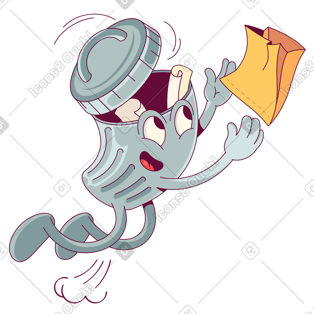 Trash bin mascot catching paper waste, File deletion or cleanup concept illustration in Handy style download in PNG, SVG