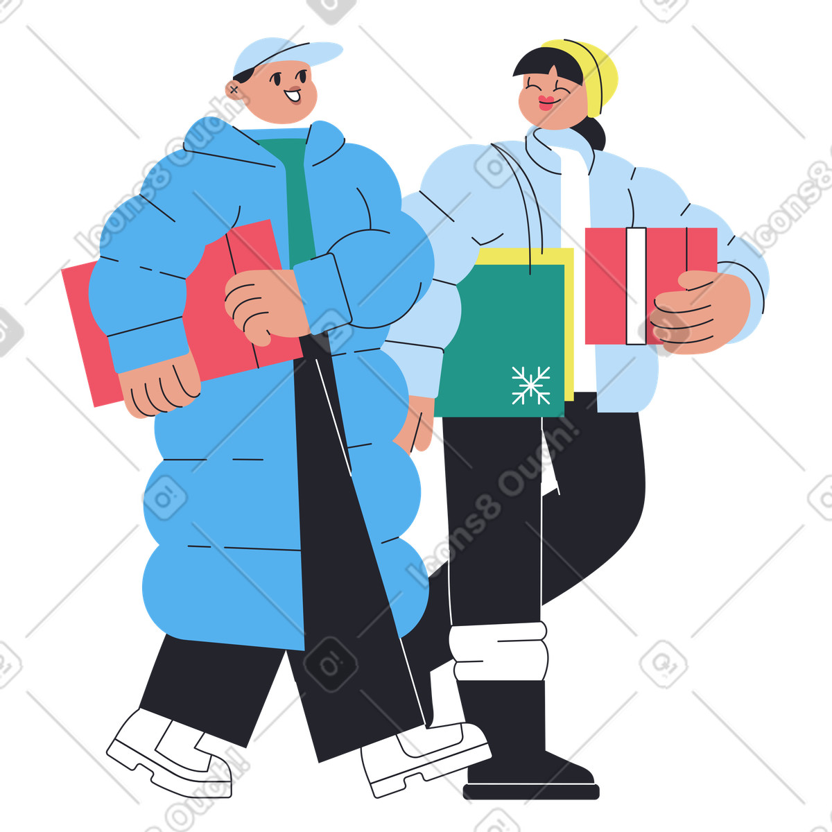 Illustration Friends walking with Christmas presents, Winter holidays and seasonal gift buying dans le style Boba à télécharger aux formats PNG, SVG