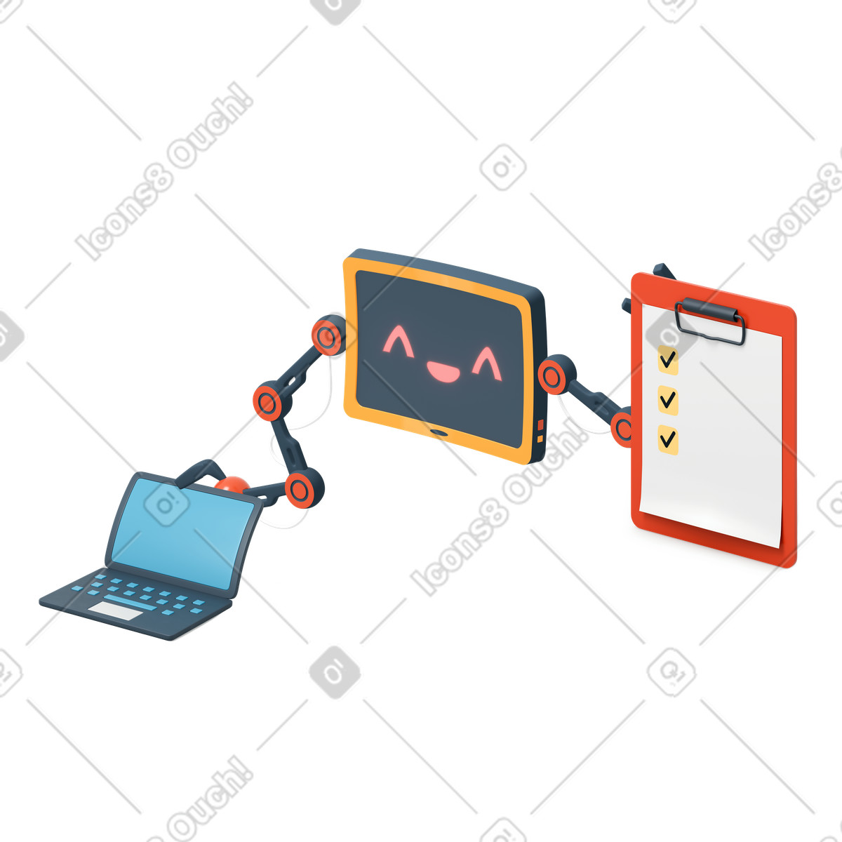 Assistent für künstliche intelligenz mit laptop und aufgabenliste-Illustration im 3D Flame-Stil als Download in PNG, SVG
