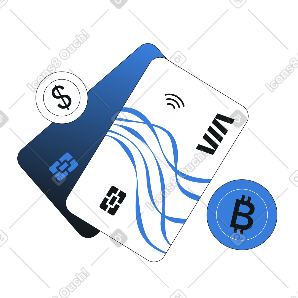 Bank cards with bitcoin and dollar coin, digital finance and cryptocurrency illustration in PNG, SVG