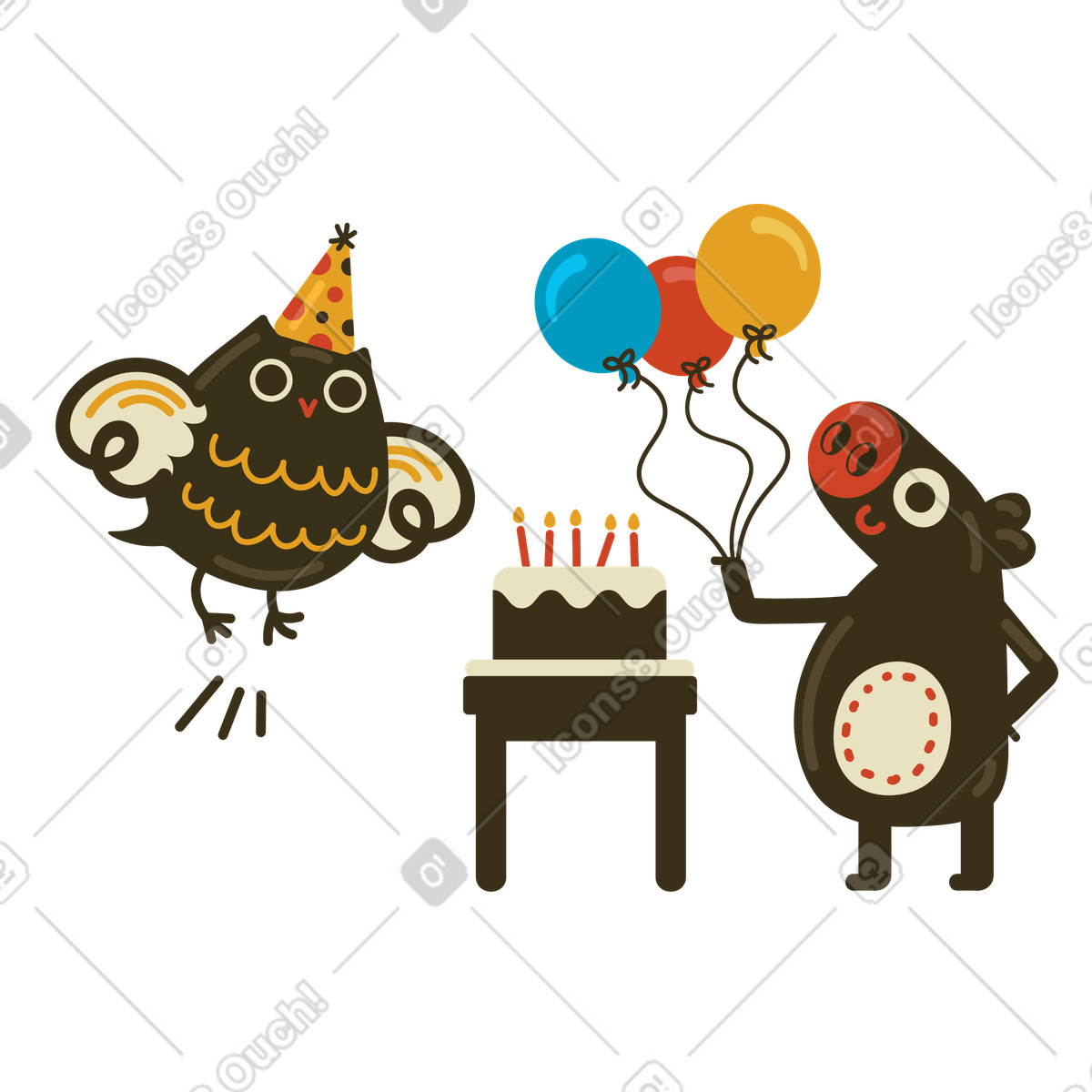 Ilustración Celebrando cumpleaños con globos y pastel. en estilo Arabica a descargar en PNG SVG