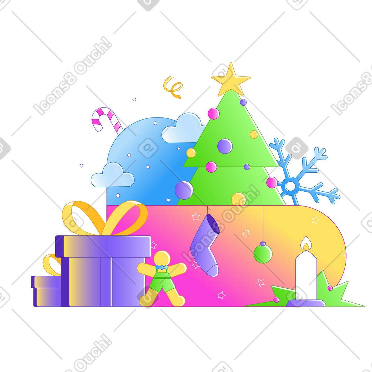 Christmas gifts and decor, Festive holiday mood illustration in Rainbow style download in PNG, SVG