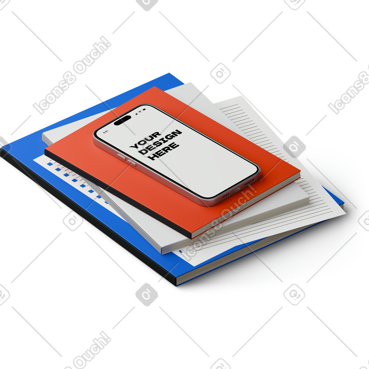 Isometric view of smartphone mockup lying on a pile books illustrazione in stile 3D Hygge scarica in PNG, SVG