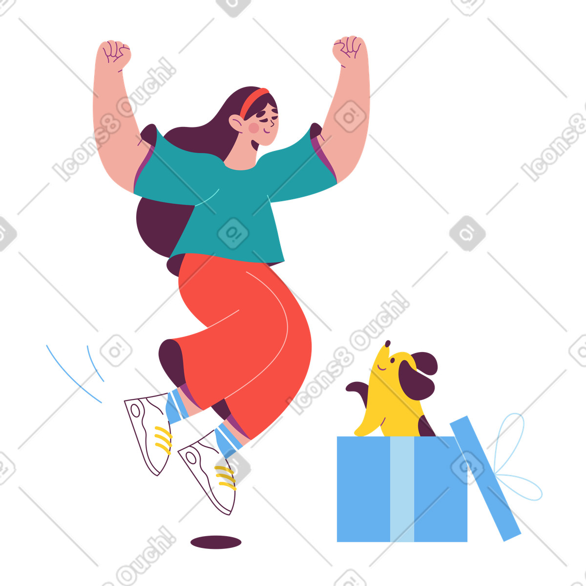 Illustration La fille est heureuse avec un chien dans une boîte-cadeau le style Sammy à télécharger aux formats PNG, SVG