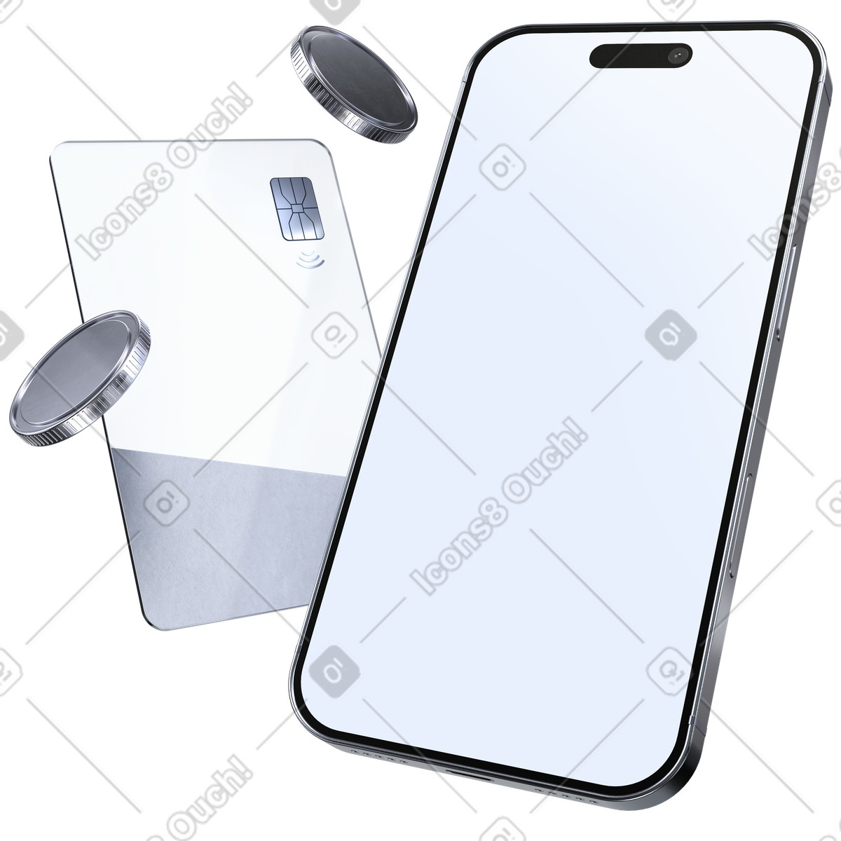 Smartphone mockup with bank card and coins, payment methods and personal finance illustration in PNG, SVG