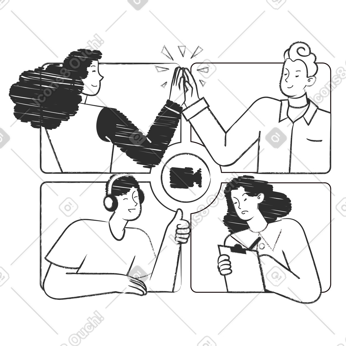 下载 Graphite 风格的 Team members interacting on video call, Online teamwork and collaboration 插画，支持 PNG、SVG 格式