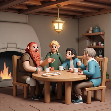 A dwarf, named Gimli, with a braided red beard and wearing a brown tunic and leather armor, is seated at a rustic wooden table. He is smiling broadly, holding a hand of cards in one hand, and gesturing animatedly with the other. Surrounding him are three friends: a tall elf with long flowing blonde hair, dressed in a green cloak; a human man with short black hair wearing a blue shirt and brown trousers; and a stout halfling with curly brown hair dressed in a simple gray vest. The cozy cabin has wooden beams, a stone fireplace with a warm fire crackling, and shelves filled with various trinkets. A lantern hangs from the ceiling, casting a warm glow over the scene. A few empty mugs and a plate of snacks are on the table, suggesting a lively game in progress.