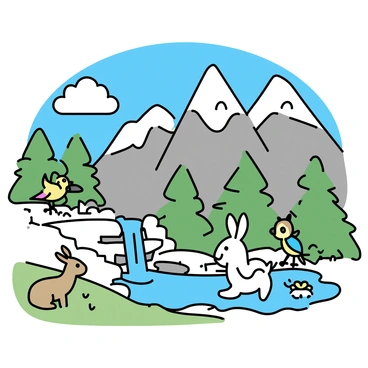 A majestic mountain landscape with towering peaks covered in snow, surrounded by lush greenery. A waterfall cascades down the rocky cliffs, creating a shimmering pool at the base. Near the pool, a friendly cartoon rabbit with large ears is hopping playfully. A colorful parrot is perched on a nearby branch, observing the scene. On the grassy hillside, a cheerful squirrel is gathering acorns, while a curious deer watches from a distance. The sky above is clear blue with a few fluffy white clouds.