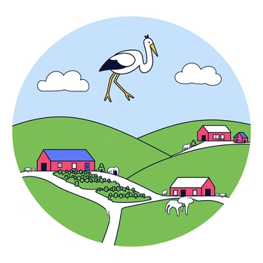 A "cigogne" (stork) with long legs and a curved neck is flying gracefully above a picturesque countryside. Below, the landscape features gently rolling hills, lush green fields, and small farms with red and white barns. Each farm has neatly arranged vegetable patches and a few farm animals scattered around. The sky is clear with a few fluffy white clouds, creating a bright and cheerful atmosphere in the scene.