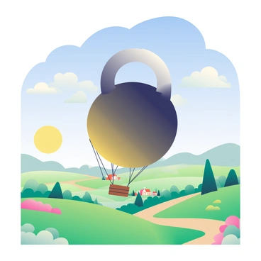 A large hot air balloon shaped like a kettlebell is floating gracefully in the sky above a lush countryside. The kettlebell balloon is painted in bright black and silver colors, mimicking a traditional weight. Below, a sprawling landscape of green fields and rolling hills stretches out, dotted with patches of colorful wildflowers. In the distance, a small village with quaint houses and a winding dirt road can be seen. The sun casts a warm glow over the scene, creating soft shadows across the ground. A few fluffy clouds drift lazily in the blue sky.