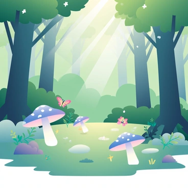 An enchanted clearing is situated within a dense forest filled with towering trees and lush green foliage. The ground is carpeted with soft moss in various shades of green. In the center of the clearing, magical glowing mushrooms of various sizes and colors, including blue, purple, and softly glowing white, are scattered about, illuminating the area with a gentle light. The atmosphere is tranquil, with small ferns and wildflowers growing nearby. Delicate beams of sunlight break through the leaves above, creating a beautiful interplay of light and shadow across the clearing. A few butterflies with iridescent wings flit among the mushrooms, adding to the enchanting scene.