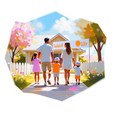 A young family consisting of two parents and two children is walking together on a path leading towards a cozy house. The father is holding the hand of a young girl, who is excitedly looking up at him. The mother is walking beside them, holding the hand of a young boy who is wearing a colorful cap. In the background, there is a large banner with the text "SudLife policy" prominently displayed, gently waving in the breeze. The house has a welcoming look with a garden full of blooming flowers and a white picket fence surrounding it. The sky is clear with a few fluffy clouds, adding to the cheerful atmosphere.