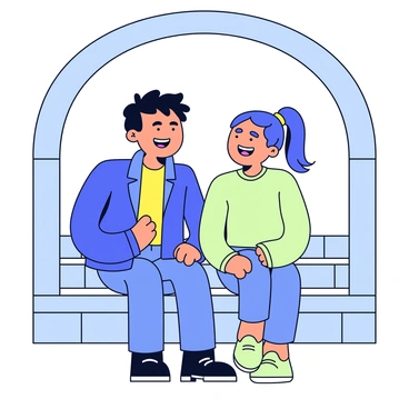Hugo and Isabelle are sitting on the steps of a train station, both facing each other with bright smiles. Hugo has a short hairstyle and is wearing a navy blue jacket. Isabelle has long hair tied back and is wearing a light green sweater. They are both leaning slightly forward, enjoying a light moment together. The backdrop features the train station's stone steps and an archway, enhancing the setting. The atmosphere conveys a sense of joy and friendship as they share a laugh.
