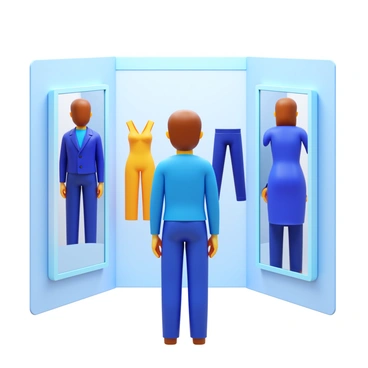 A person standing in a virtual dressing room interface. The dressing room displays a selection of 3D-rendered outfits floating around them. The individual is viewing a stylish jacket, a pair of pants, and a dress, all appearing vivid and lifelike. The room has a digital mirror reflecting their image with the outfits being tried on. The setting is bright and modern, emphasizing a tech-savvy atmosphere.