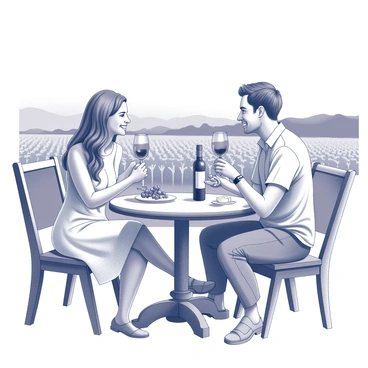 A couple seated at a rustic wooden table on a terrace overlooking a vineyard. They are engaged in a wine tasting experience. The woman is holding a wine glass, gently swirling the liquid, while the man is observing her with a smile, also holding a glass. The table is adorned with a bottle of wine and a small plate of cheese and grapes. In the background, rows of grapevines stretch across the landscape, with a few rolling hills visible under a clear sky. The couple is dressed casually, with the woman in a light summer dress and the man in a short-sleeved shirt.