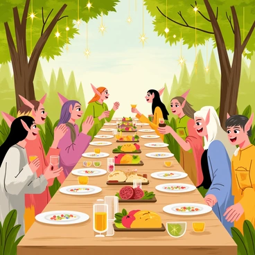 An enchanting elven feast taking place in a lush, green woodland clearing. Long wooden tables are laden with an array of colorful dishes, including fruits, breads, and roasted vegetables. Sparkling goblets filled with golden liquid are placed at each setting. Elves with long, flowing hair, dressed in elegant robes, gather around the tables, singing joyfully. Some elves are playing musical instruments like flutes and lyres, while others engage in lively conversation. Twinkling fairy lights hang from the branches of trees overhead, creating a magical atmosphere.