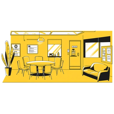 A break room designed for bus drivers, featuring a large round table with several chairs surrounding it. There are various posters on the walls displaying transportation safety information and schedule updates. A small kitchenette area is visible, equipped with a coffee machine, a microwave, and a refrigerator. A couch is placed against one wall, alongside a window that lets in natural light. In the corner, a bulletin board is filled with notices and photographs of the drivers. Outside the room, large garage doors are seen, hinting at the bus depot's operation.