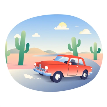 A vintage car with a shiny red exterior is driving along a winding road in a vast desert. The sky is clear blue with a few scattered white clouds. Tall green cacti are positioned on either side of the road, their arms reaching up towards the sun. The sandy landscape stretches out in the background, with gentle hills rolling in the distance. The sunlight casts long shadows from the cacti onto the road, enhancing the scene's depth. The car's tires kick up a small cloud of dust as it moves forward, adding a sense of motion to the image.