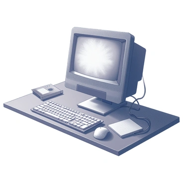 An old computer sits on a wooden desk, its surface covered in a thick layer of dust. The monitor has a bulky frame, featuring a dim, flickering screen with visible scratches and smudges. The keyboard is slightly yellowed, with worn-out keys that show signs of frequent use. Cables are tangled and frayed, lying haphazardly on the desk. The environment around the computer is cluttered with outdated technology, such as floppy disks and a vintage mouse. The overall scene conveys a sense of neglect and the passage of time, reinforcing the theme of obsolescence.
