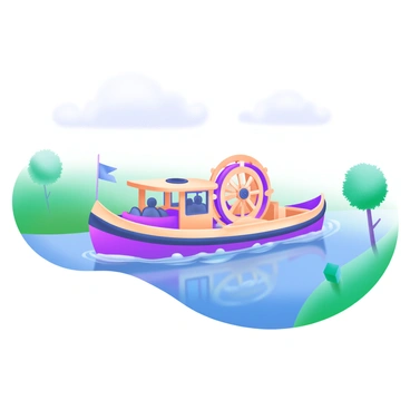 A riverboat with a large paddle wheel turning is gliding smoothly along a calm river. The boat features a wooden deck, with passengers enjoying the view. The water reflects the soft pastel colors of the sky, and gentle ripples are created as the paddle wheel churns. Lush greenery lines the riverbanks, with a few trees bending slightly in the breeze. In the background, fluffy clouds float lazily above, adding to the tranquil scene.