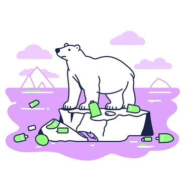 A polar bear is standing on a shrinking iceberg, looking around with a concerned expression. The iceberg is cracked and showing signs of melting, with water pooling around its edges. Surrounding the iceberg is a variety of litter, including plastic bottles and bags, floating in the water. The bear has a thick white coat, and its large paws are positioned firmly on the icy surface. In the background, there are distant ice formations and a cloudy sky, emphasizing the isolation of the scene.