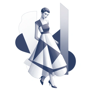 A fashion illustration featuring a model in a striking pose. The model is wearing a structured dress composed of various geometric shapes, such as triangles and rectangles. The dress is designed with bold blocks of black and white. The model has short hair styled in a modern cut. The background includes abstract black and white shapes that complement the geometric theme of the dress. The overall composition emphasizes the interplay between the shapes of the dress and the surrounding elements.