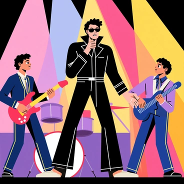 Elvis is standing center stage, wearing a classic black leather jumpsuit and sunglasses. He is holding a microphone, passionately singing into it. To his left, a guitarist with curly hair is strumming a bright red electric guitar, completely focused on his performance. On his right, a drummer with a lively expression is energetically hitting the drums with drumsticks, creating a dynamic rhythm. In the background, a bassist with long hair is plucking the strings of a dark blue bass guitar, adding depth to the sound. Colorful stage lights illuminate the scene, casting vibrant hues over the band as they play together, completely immersed in the music.