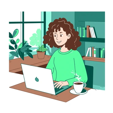 A teal freelancer sitting in a cozy cafe is focused on illustrating on a white laptop. The freelancer has curly brown hair and is wearing a soft yellow sweater. A warm cup of coffee is placed on the wooden table next to the laptop. The cafe has a few potted plants in the background and shelves filled with books. Sunlight streams through the window, casting gentle shadows on the table.
