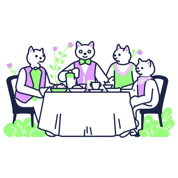 A group of cats is sitting elegantly at a round table set for a tea party. Each cat is adorned in Victorian attire; one cat wears a purple waistcoat and a green bow tie, while another is dressed in a green dress with a purple lace collar. The table is covered with a white tablecloth and is adorned with a tea set featuring intricate designs, along with various treats such as scones and pastries on green and purple plates. Surrounding the table, there are lush green plants and delicate flowers, adding to the outdoor setting. A few cats are engaged in conversation, while others are sipping tea from dainty cups.