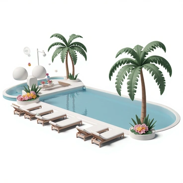 A luxurious poolside at a tropical resort with palm trees and lounge chairs