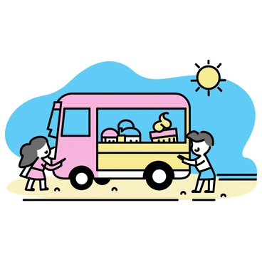 A colorful ice cream truck, painted in bright shades of pink, blue, and yellow, is parked on a sandy beach. The truck features large windows displaying an array of ice cream flavors in vibrant colors. In front of the truck, a couple of children are eagerly pointing at the menu. The sun is shining brightly in a clear blue sky, and a few beachgoers can be seen enjoying the sand and surf nearby.