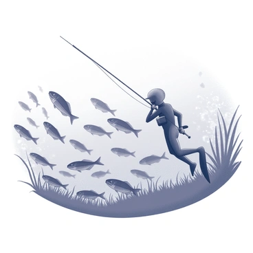 A spearfisher is underwater, preparing to dive. The spearfisher is wearing a wetsuit and holding a spear gun, positioned in a ready stance. Surrounding the spearfisher, there is a large school of fish that is swimming rapidly in various directions. The fish exhibit a sense of motion as they dart through the water, creating a sense of urgency and energy in the composition. The underwater environment includes swaying aquatic plants and bubbles rising from the spearfisher's movement. The scene captures the dynamic interaction between the spearfisher and the fish, highlighting the tension and excitement of the underwater chase.