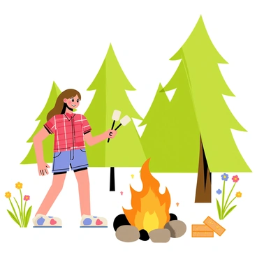 A cartoon girl with long brown hair wearing a red plaid shirt and denim shorts is roasting marshmallows on a stick over a bright orange campfire. The campfire is surrounded by several large rocks arranged in a circle. In the background, tall green trees create a forest setting, with patches of sunlight breaking through the leaves. There are small bushes with colorful flowers nearby, adding to the lively atmosphere of the forest clearing. The girl has a cheerful expression, and there is a small pile of marshmallows and graham crackers beside her on the ground.
