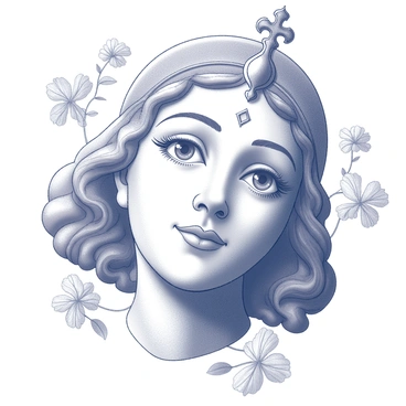 A close-up of a face, with prominent features expressing a sense of benevolence. The face is adorned with intricate details, including elegant ornaments and a crown. The eyes are large and gently looking downwards, creating an impression of divine presence. Surrounding the face are delicate floral patterns and symbols, enhancing the overall sacred atmosphere. The composition suggests a perspective where the viewer looks up towards the face, emphasizing its grandeur and benevolence.