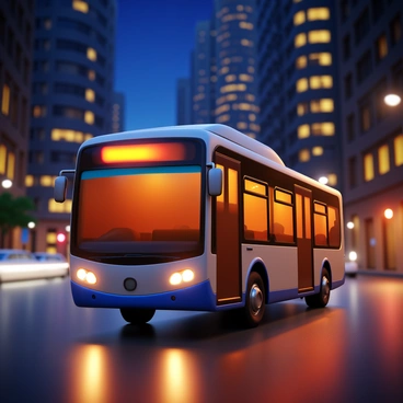 A bus illuminated by streetlights, traveling down a busy city street at night. The bus has large windows reflecting the warm glow of the streetlights. In the background, tall buildings with shimmering windows are visible against the night sky. The street is wet from a recent rain, creating reflections of the bus and streetlights on the pavement. There's a slight blur around the bus to indicate movement, showcasing the hustle and bustle of the urban environment at night.
