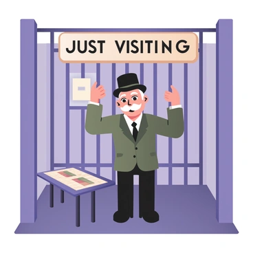 A digital flat illustration depicting a Monopoly character, resembling a wealthy businessman with a top hat and mustache, standing behind a set of prison bars. The character is smiling, placing his hands on the bars. Above him, there is a prominent "Just Visiting" sign in bold letters. The background features a simple depiction of a prison cell with grey walls and a small window letting in a hint of light. The floor is made of dark tiles, and there’s a small table next to the character holding a Monopoly game board.