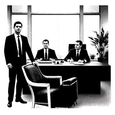 A 1960s office scene features several sharply-dressed executives. One executive is standing at a large wooden desk, wearing a tailored suit and a tie, while another is sitting in an elegant leather chair, holding a pen and reviewing documents. The office is adorned with mid-century decor, including geometric patterns on the walls and sleek furnishings. A large window lets in natural light, highlighting a classic rotary phone and a typewriter on the desk. Potted plants are strategically placed in the corners, adding a touch of greenery to the sophisticated environment.