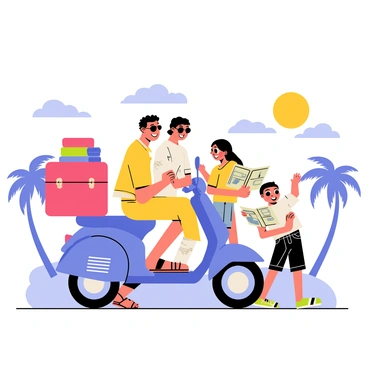 A family on a vacation, with their luggage packed onto a scooter bike