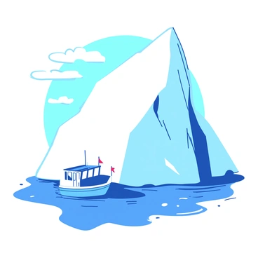 A tiny blue boat is gently floating on the ocean's surface next to a large white iceberg towering above. The boat has a small red flag waving at the stern, and its reflection is visible in the calm water surrounding it. The iceberg is massive, with jagged edges and shades of white and light blue catching the sunlight, while waves gently lap against its base. The sky above is clear with a few wispy white clouds, adding to the vastness of the scene.