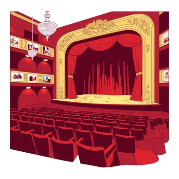 The interior of a grand theatre features rich red velvet seats arranged in neat rows, each seat elegantly upholstered. The majestic stage is framed by ornate golden proscenium arches adorned with detailed carvings. Crystal chandeliers hang from the ceiling, casting a warm glow over the audience area. The curtains on stage are deep red, drawn back to reveal a polished wooden floor. The walls are decorated with lavish gold accents and vintage posters of past performances, enhancing the historic atmosphere of the theatre.