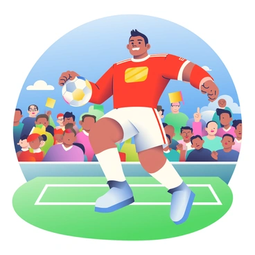 A cartoon version of Cristiano Ronaldo is depicted as a superhero on a vibrant soccer field. He is wearing a bright red superhero costume with a golden emblem on his chest. His muscular build is emphasized, and he has a determined expression on his face. Ronaldo is in mid-action, performing an incredible kick, with his right leg extended and the soccer ball flying through the air. Around him, there are excited fans in the stands, waving flags and cheering. The sky is bright blue, and the grass on the field is a vivid green, creating a lively atmosphere.