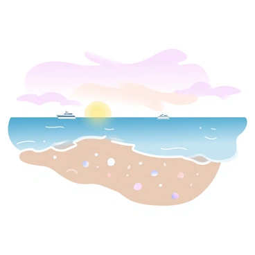 A sunset over a sandy beach in Mallorca, with the sky filled with gradient pastel colors ranging from soft pink to light orange. The sun is setting on the horizon, casting a warm glow across the scene. Gentle waves are lapping at the shore, creating small ripples on the surface of the water. Small seashells and smooth stones are scattered across the sand. A few distant silhouettes of boats are visible on the water, and the beach is mostly empty, giving a sense of calmness and serenity.