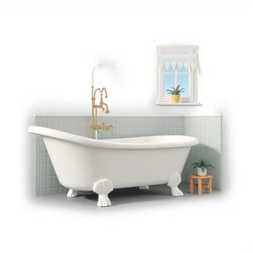 A classic clawfoot tub, featuring elegantly curved legs with intricate floral designs, sits prominently in an old bathroom. The tub is white and glossy, with water reflecting light on its surface. Surrounding the tub are vintage-style tiles in muted tones, adding to the nostalgic atmosphere. A brass freestanding faucet, with a handheld shower attachment, is attached to the tub. Sunlight streams through a small window with lace curtains, casting soft shadows on the floor. A small potted plant sits on a nearby wooden stool, completing the cozy, inviting scene.